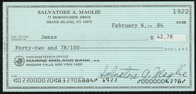 Sal Maglie Autographed 3x6 Check Brooklyn Dodgers, New York Yankees SKU #147875