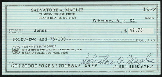 Sal Maglie Autographed 3x6 Check Brooklyn Dodgers, New York Yankees SKU #147875
