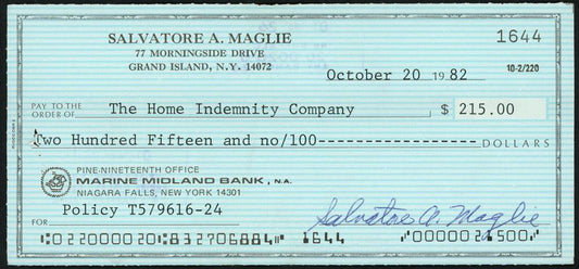 Sal Maglie Autographed 3x6 Check Brooklyn Dodgers, New York Yankees SKU #147877