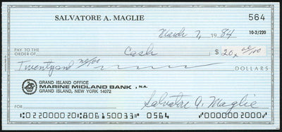 Sal Maglie Autographed 3x6 Check Brooklyn Dodgers, New York Yankees SKU #147865