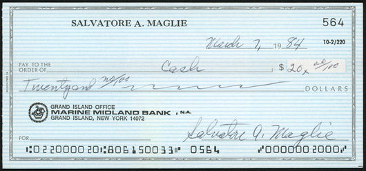 Sal Maglie Autographed 3x6 Check Brooklyn Dodgers, New York Yankees SKU #147865