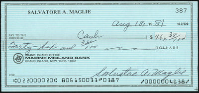 Sal Maglie Autographed 3x6 Check Brooklyn Dodgers, New York Yankees SKU #147867