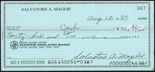 Sal Maglie Autographed 3x6 Check Brooklyn Dodgers, New York Yankees SKU #147867