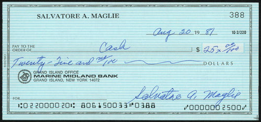 Sal Maglie Autographed 3x6 Check Brooklyn Dodgers, New York Yankees SKU #147872