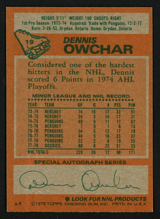 Dennis Owchar Autographed 1978-79 Topps Card #19 Colorado Rockies SKU #153511