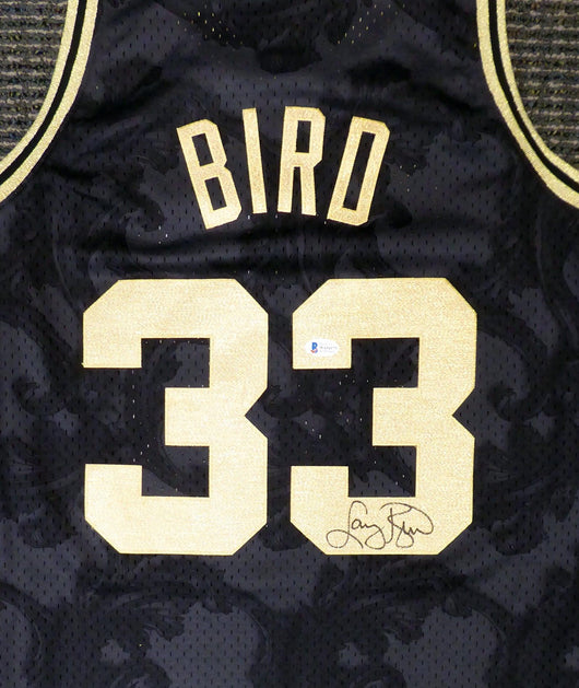 Boston Celtics Larry Bird Autographed Black Mitchell & Ness Gold Toile Swingman Jersey Size L Beckett BAS Stock #177715