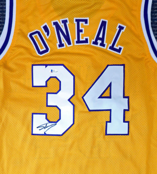 Los Angeles Lakers Shaquille O'Neal Autographed Yellow Jersey On 3 Beckett BAS Stock #191014