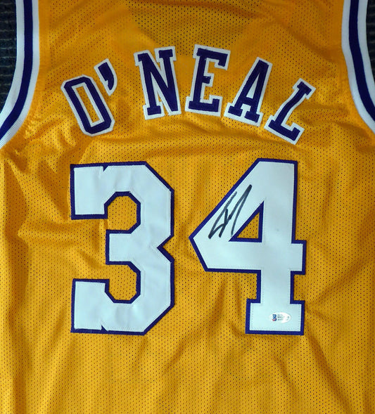 Los Angeles Lakers Shaquille O'Neal Autographed Yellow Jersey On 4 Beckett BAS Stock #191013