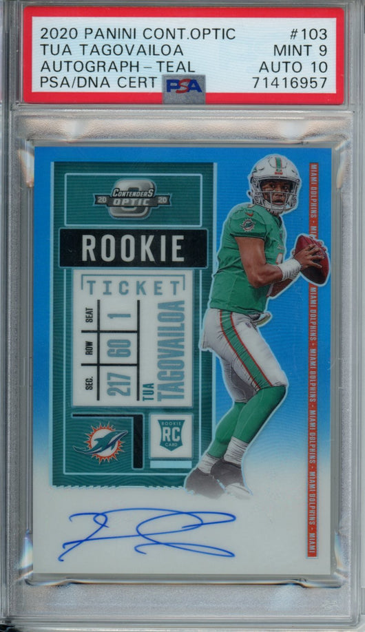 2020 Panini Contenders Optic Tua Tagovailoa Rookie Auto Teal /99 PSA 9/10