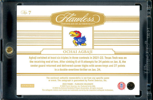 2022/23 Panini Flawless Collegiate Ochai Agbaji Rookie RPA Logo 1/1 Kansas