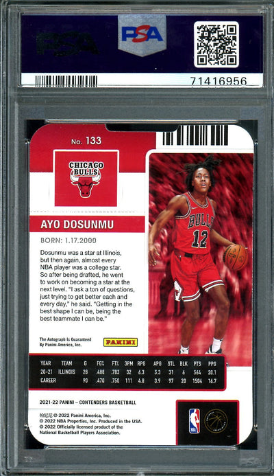2021/22 Panini Contenders Ayo Dosunmu RC Ticket Stub Auto /12 PSA 10/10 Bulls