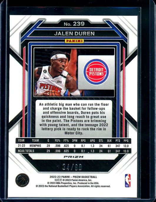 2022/23 Panini Prizm Jalen Duren Rookie Orange Wave /60 Pistons