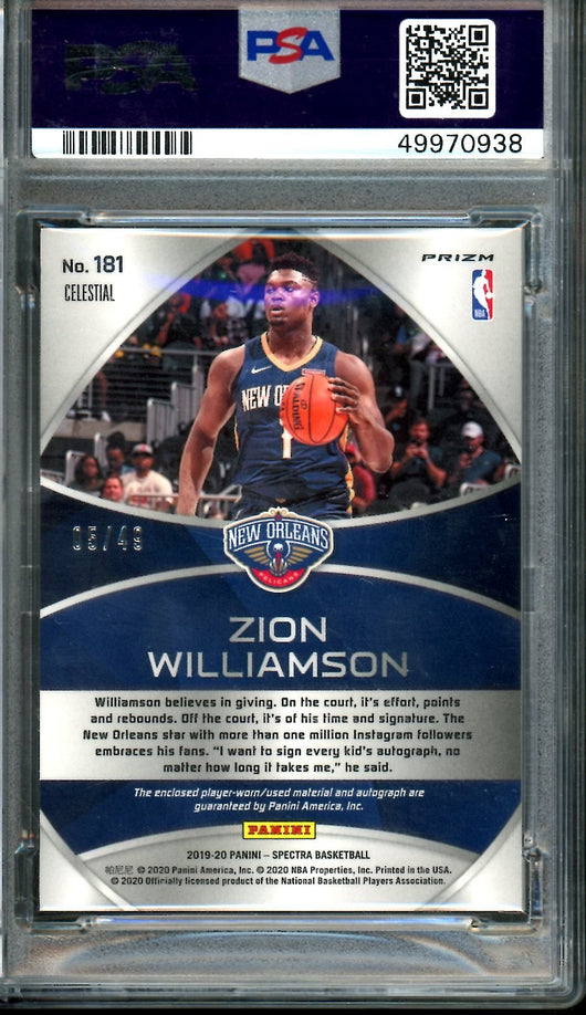 2019/20 Panini Spectra Zion Williamson Rookie RPA /49 PSA 9 Pelicans