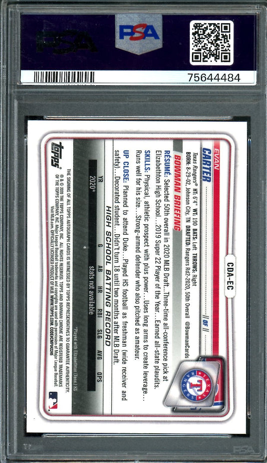 2020 Bowman Draft Evan Carter 1st Bowman Auto Blue Shimmer /150 PSA 9 Rangers