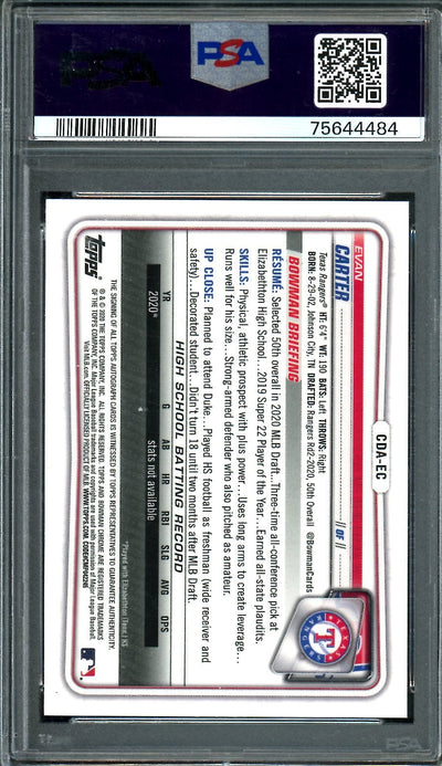 2020 Bowman Draft Evan Carter 1st Bowman Auto Blue Shimmer /150 PSA 9 Rangers
