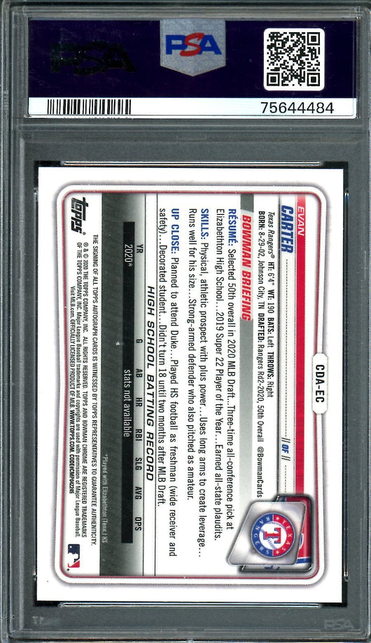 2020 Bowman Draft Evan Carter 1st Bowman Auto Blue Shimmer /150 PSA 9 Rangers