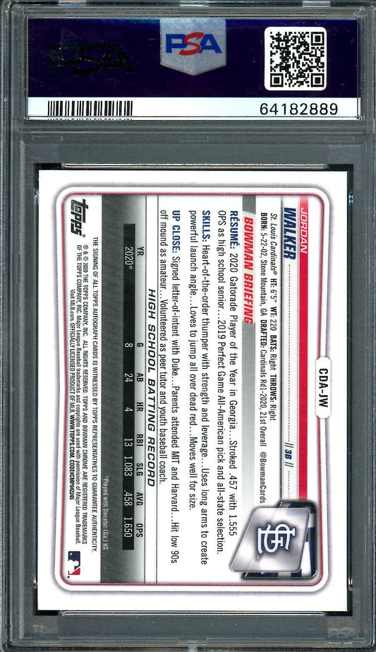 2020 Bowman Draft Jordan Walker 1st Bowman Auto PSA 10 Cardinals