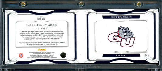 2022/23 Panini National Treasures Collegiate Chet Holmgren Rookie RPA Booklet /5 Laundry Tag Thunder