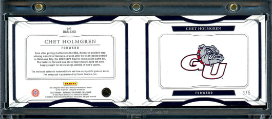 2022/23 Panini National Treasures Collegiate Chet Holmgren Rookie RPA Booklet /5 Laundry Tag Thunder