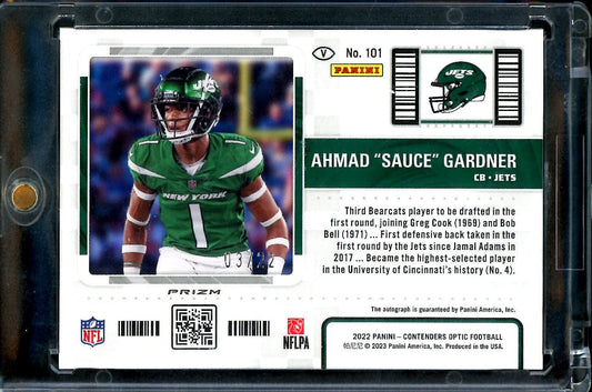 2022 Panini Contenders Optic Ahmad "Sauce" Gardner Rookie Auto Cracked Ice /22 Jets