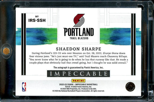 2022/23 Panini Impeccable Shaedon Sharpe Rookie Auto /25 Trailblazers