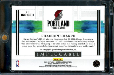 2022/23 Panini Impeccable Shaedon Sharpe Rookie Auto /25 Trailblazers