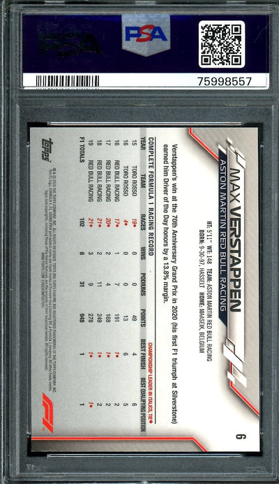 2020 Topps Chrome Max Verstappen Sapphire SP PSA 9 Red Bull