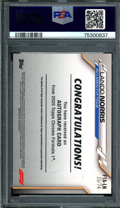 2020 Topps Chrome Lando Norris Rookie Auto /74 PSA 8-10 Auto McLaren
