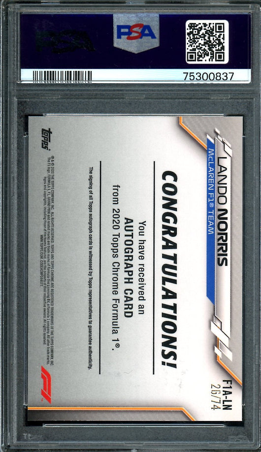 2020 Topps Chrome Lando Norris Rookie Auto /74 PSA 8-10 Auto McLaren