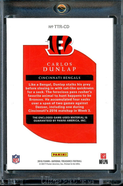2016 Panini National Treasures Carlos Dunlap Tremendous Treasures NFL Shield Patch 1/1 Bengals