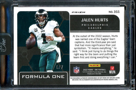 2022 Panini Panini One Jalen Hurts Formula One Patch Auto /7 Eagles