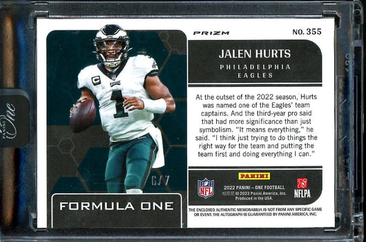 2022 Panini Panini One Jalen Hurts Formula One Patch Auto /7 Eagles