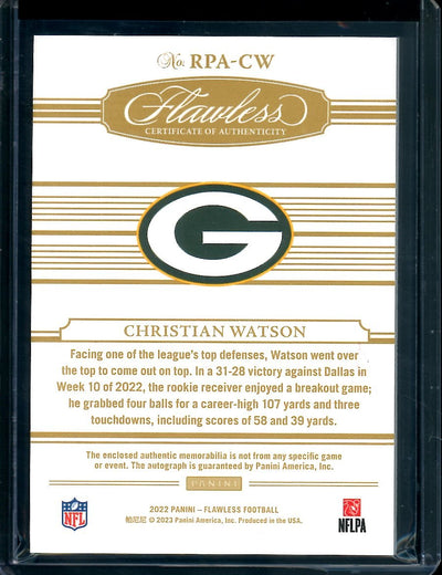 2022 Panini Flawless Christian Watson Rookie RPA Red /15 Packers