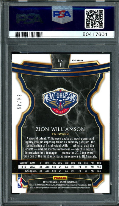 2019-20 Panini Select Zion Williamson Rookie Red Disco /49 PSA 10 Pelicans