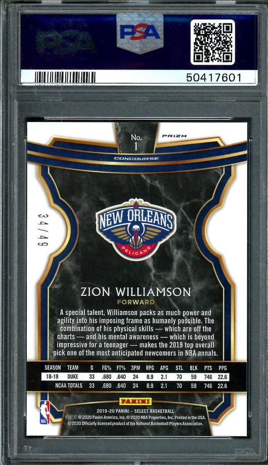 2019-20 Panini Select Zion Williamson Rookie Red Disco /49 PSA 10 Pelicans