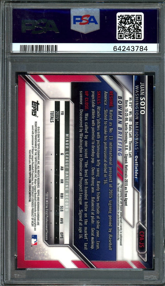 2016 Topps Bowman Chrome Juan Soto 1st Bowman Chrome Autograph PSA 9 Nationals