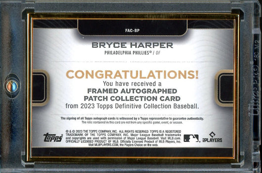 2023 Topps Definitive Bryce Harper Framed Patch Auto /25 Phillies