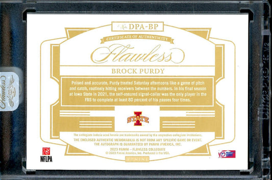 2023 Panini Flawless Collegiate Brock Purdy Patch Auto FOTL Pink /3 Iowa State