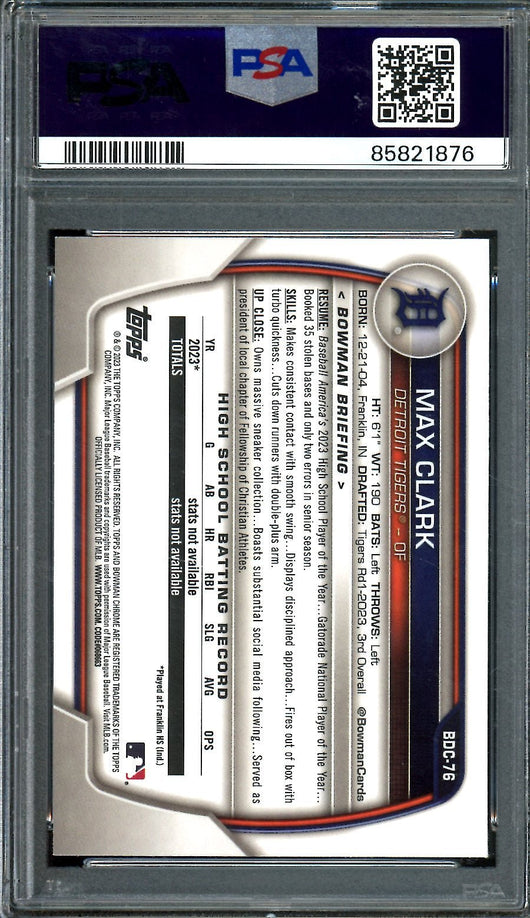 2023 Bowman Draft Max Clark 1st Bowman Purple /250 PSA 10 Tigers