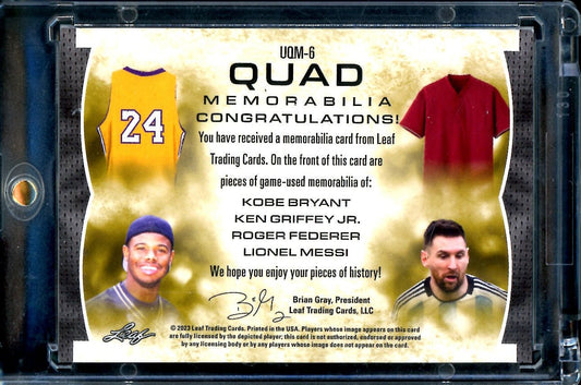 2023 Leaf Ultimate Soccer Kobe Bryant/Ken Griffey Jr./Roger Federer/Lionel Messi Quad Memorabilia /8