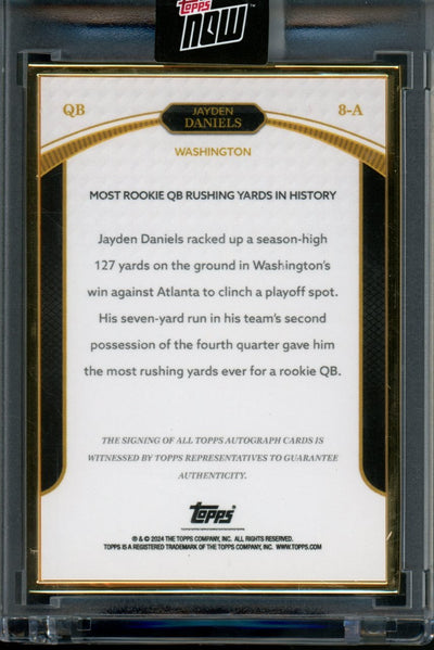 2024 Topps Now Rookie Campaign Jayden Daniels Rushing Yards Auto Orange /25 Commanders