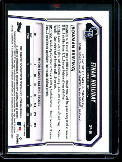 2026 Bowman Chrome Ethan Holliday Blue Refractor 1st Autograph /150 Rockies