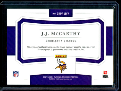 2024 Panini National Treasures JJ McCarthy Crossover Rookie Patch Autograph /99 Vikings