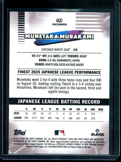 2026 Topps Finest Munetaka Murakami Rookie Gold Refractor /50 White Sox