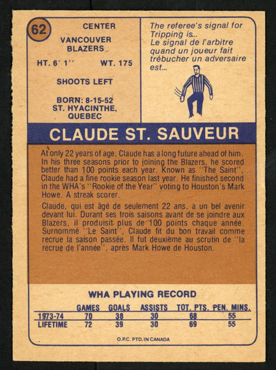 Claude St. Sauveur Autographed 1974-75 WHA O-Pee-Chee Card #62 Vancouver Blazers SKU #151921