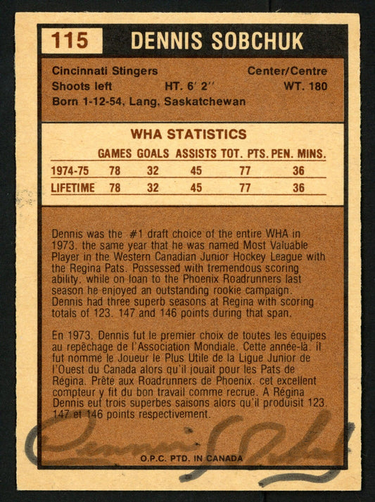 Dennis Sobchuk Autographed 1975-76 WHA O-Pee-Chee Card #115 Cincinnati Stingers SKU #151331