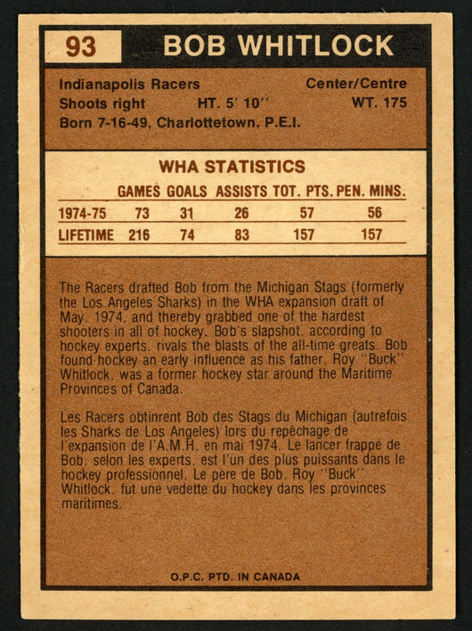 Bob Whitlock Autographed 1975-76 WHA O-Pee-Chee Card #93 Indianapolis Racers SKU #151327