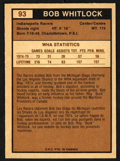 Bob Whitlock Autographed 1975-76 WHA O-Pee-Chee Card #93 Indianapolis Racers SKU #151326