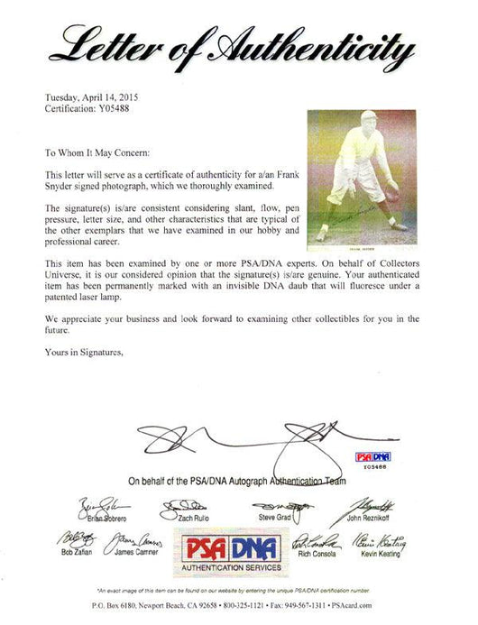 Frank Snyder Autographed M114 Baseball Magazine Page Photo PSA/DNA #Y05488