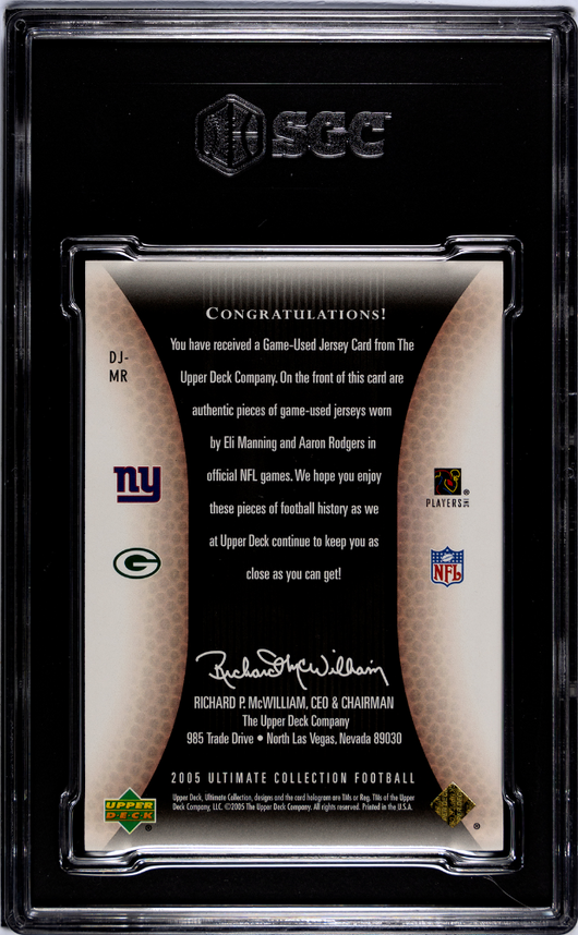2005 Upper Deck Ultimate Manning Rodgers #DJ-MR Dual Game Jersey Gold SGC 7